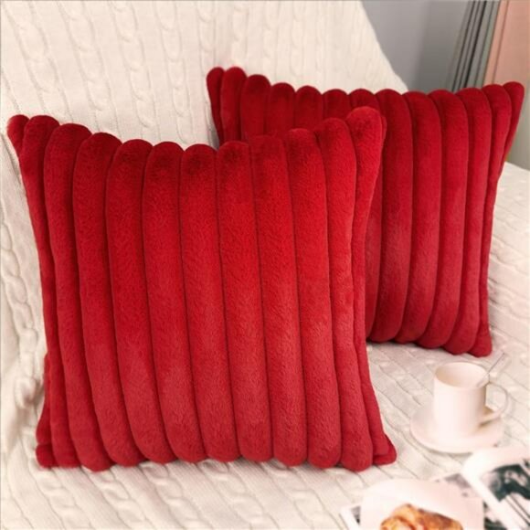 Red Faux Fur Velvet Pillow Covers 18x18 Set of 2 Soft Decorative Cushion Cases - Picture 1 of 8